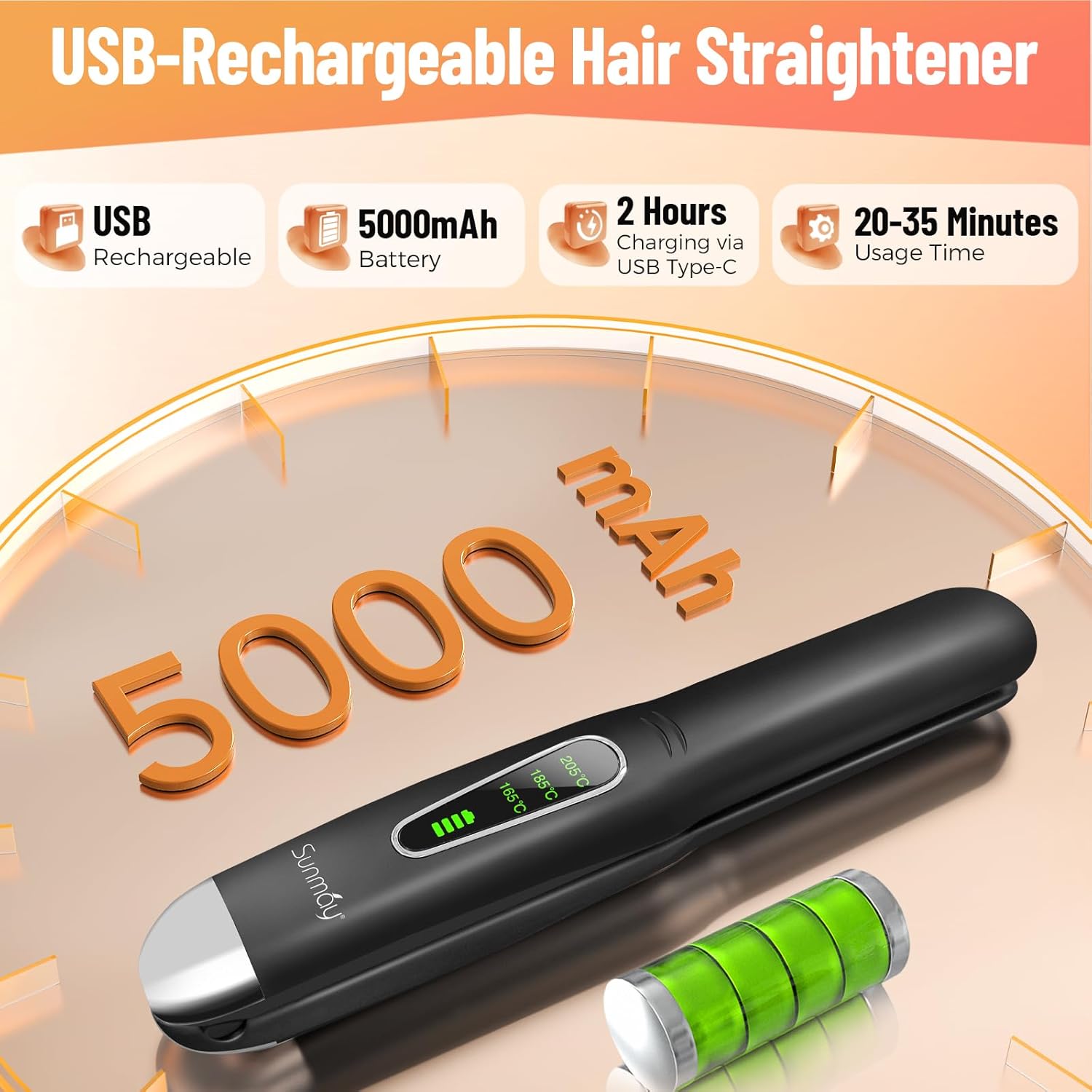 SUNMAY - Lisseur 2en1 sans fil, titane, 5000mAh, 3 températures, mini, noir