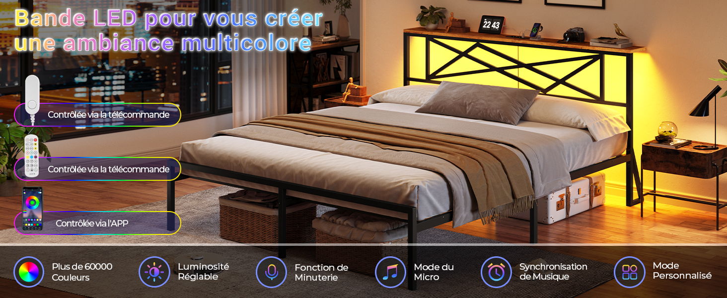 pour chambres à coucher. L'image montre une bande éclairée au-dessus d'une tête de lit. Caractéristiques du produit répertoriées : couleurs multiples, télécommande, synchronisation de la musique et fonction de minuterie.