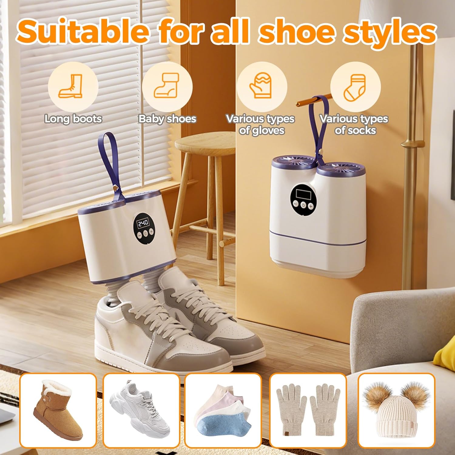 Sèche-chaussures électrique - minuterie, tuyaux extensibles - sèche chaussures, gants, bottes, élimine odeurs