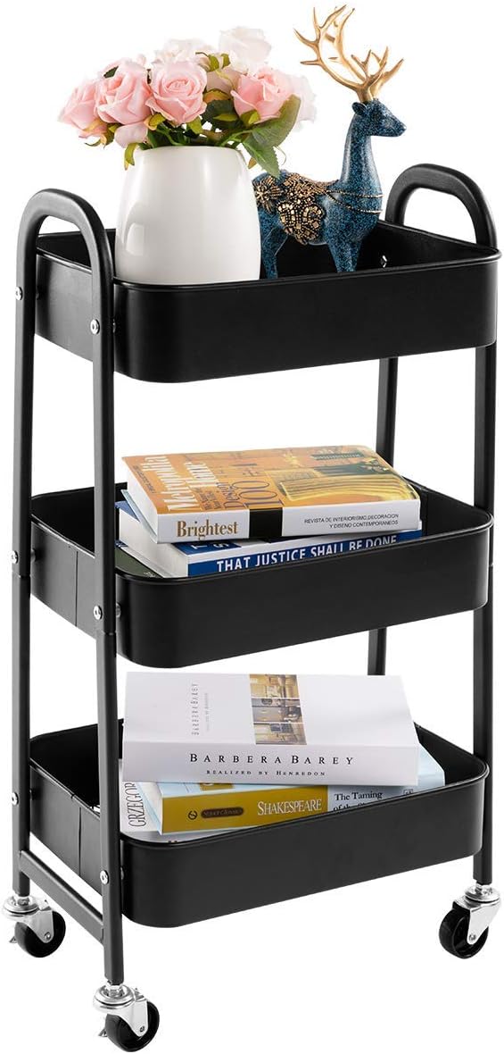 DOEWORKS - Chariot de rangement 3 niveaux métal, roulettes, noir