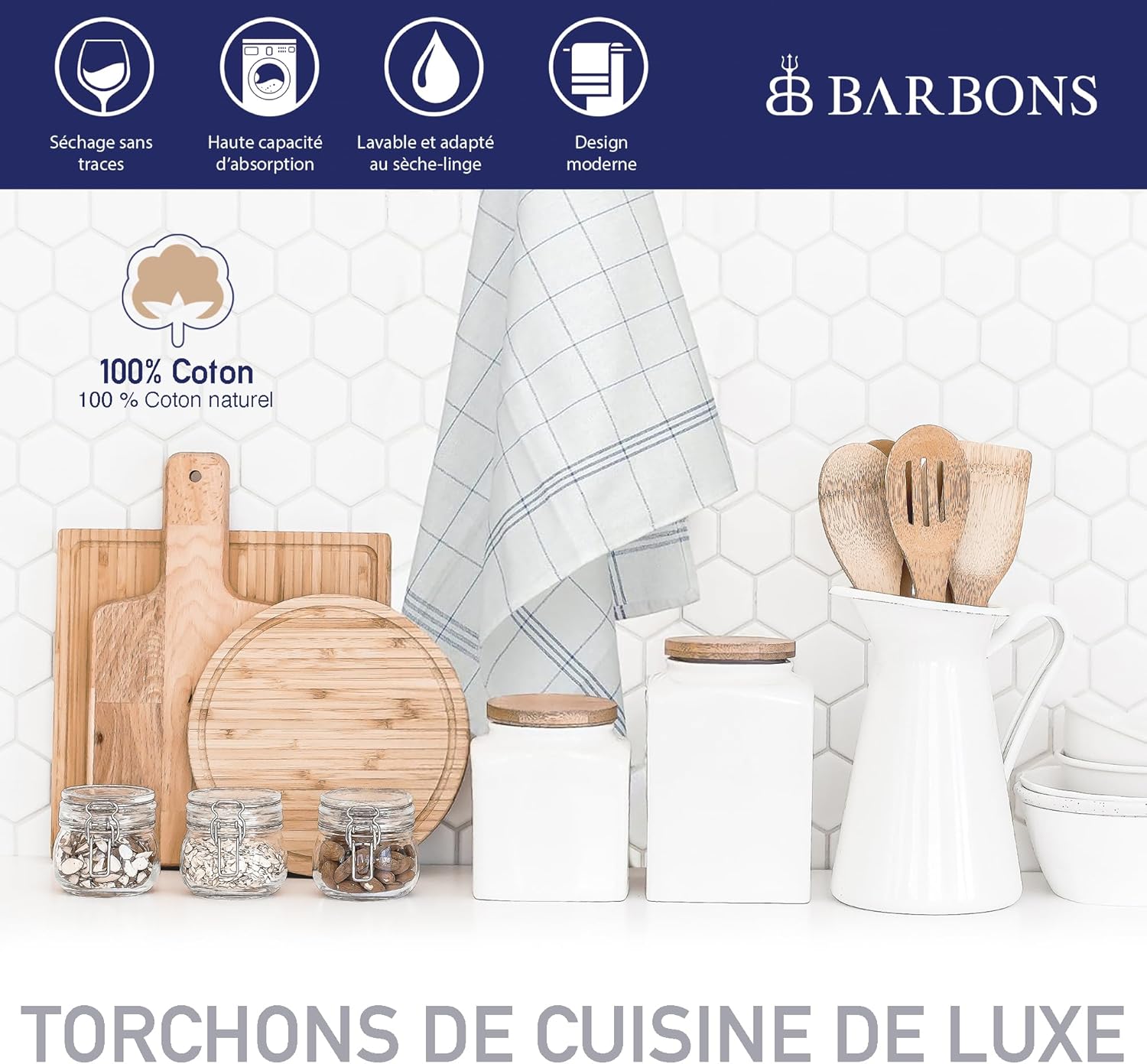 BARBONS - Lot de 10 torchons - 50x70 cm - coton premium, ultra absorbant, Oeko-TEX
