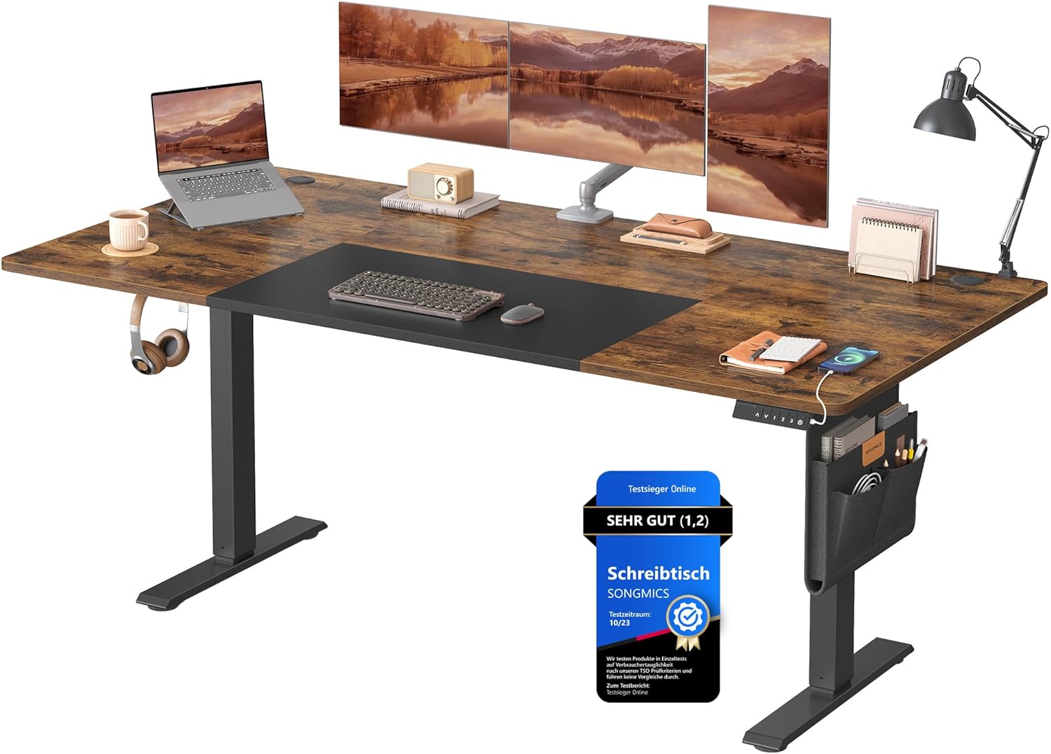 SONGMICS - bureau électrique réglable - 180x80 cm - mémoire 4 hauteurs, port USB-C, assis-debout, marron/noir - LSD028KD