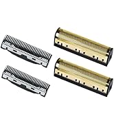 Quatre pièces de rechange pour rasoirs électriques : deux peignes à lame noirs et argentés et deux protections en aluminium perforé doré. Les pièces sont disposées sur un fond blanc.