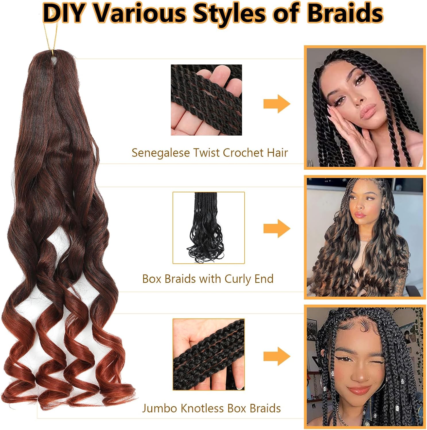 Rajout Cheveux - French Curl Braids 56cm, 8 paquets, Bouncy Wave, 1B/350#