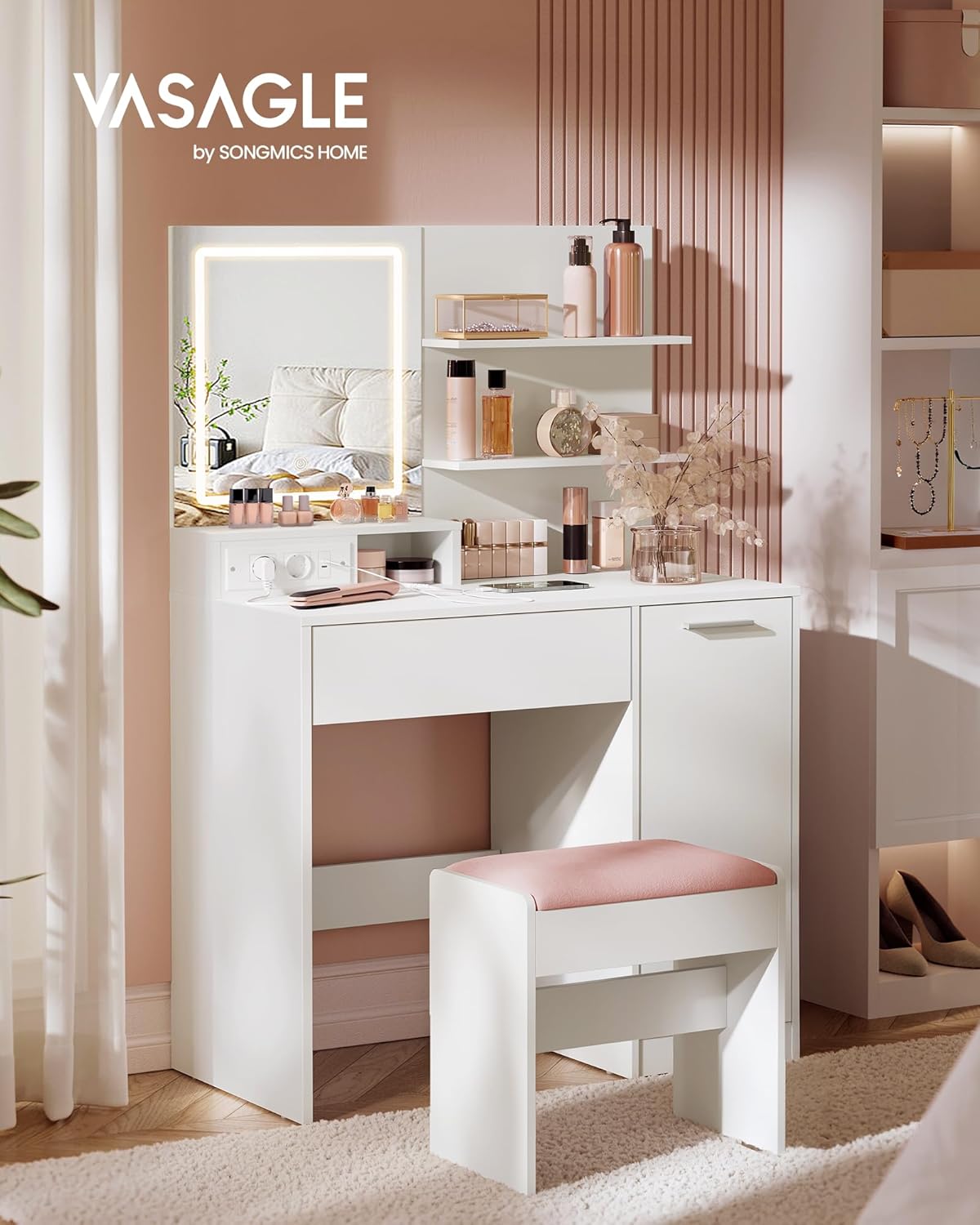 VASAGLE - Coiffeuse Kailyn, blanc, LED, multiprise, étagères, RDT138W01
