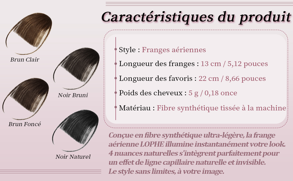 Le texte se lit comme suit : « Caractéristiques du produit », suivi des spécifications du produit en français. Schéma technique montrant différents échantillons et mesures de couleur de cheveux bruns.