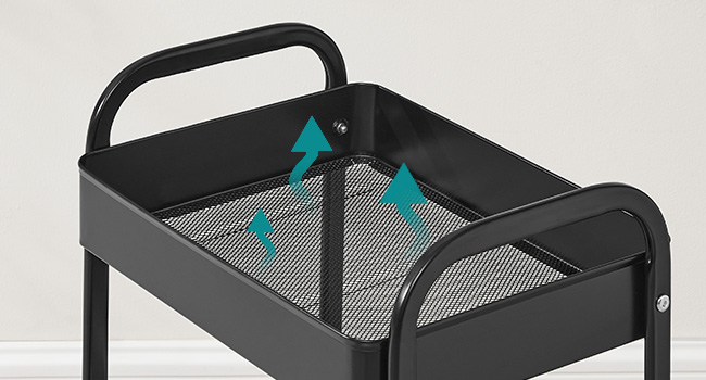 Chariot utilitaire ou chariot en métal noir avec fond en filet et poignées incurvées, avec des flèches directionnelles turquoises indiquant le flux d'air ou le mouvement