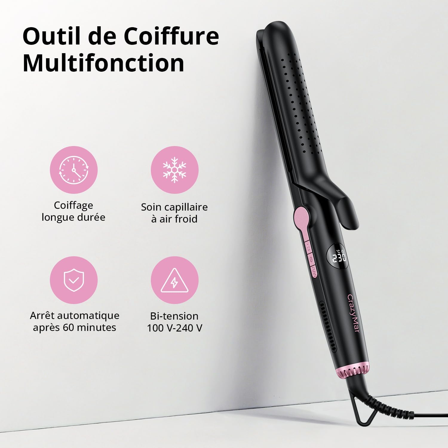 Lisseur boucleur 2-en-1 - 9 températures, ionique, cool air, 110-230°C, coiffure maison & voyage