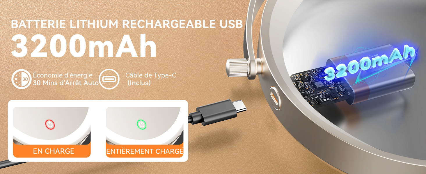 Le texte indique « 3200 mAh ». Photos du produit montrant un appareil électronique portable doté d'un indicateur de capacité de batterie et d'une fonctionnalité de charge.