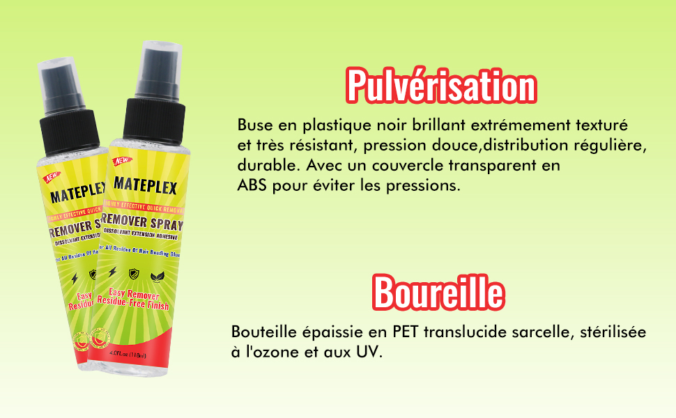 Deux flacons pulvérisateurs jaunes avec des étiquettes en français. Le produit semble être un spray liquide avec une construction en plastique ABS transparent et un emballage stérilisé aux UV