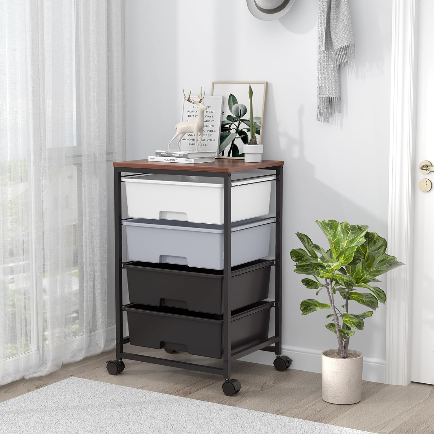 Chariot de rangement - 4 tiroirs, roulettes, plateau bois, gris, grande capacité