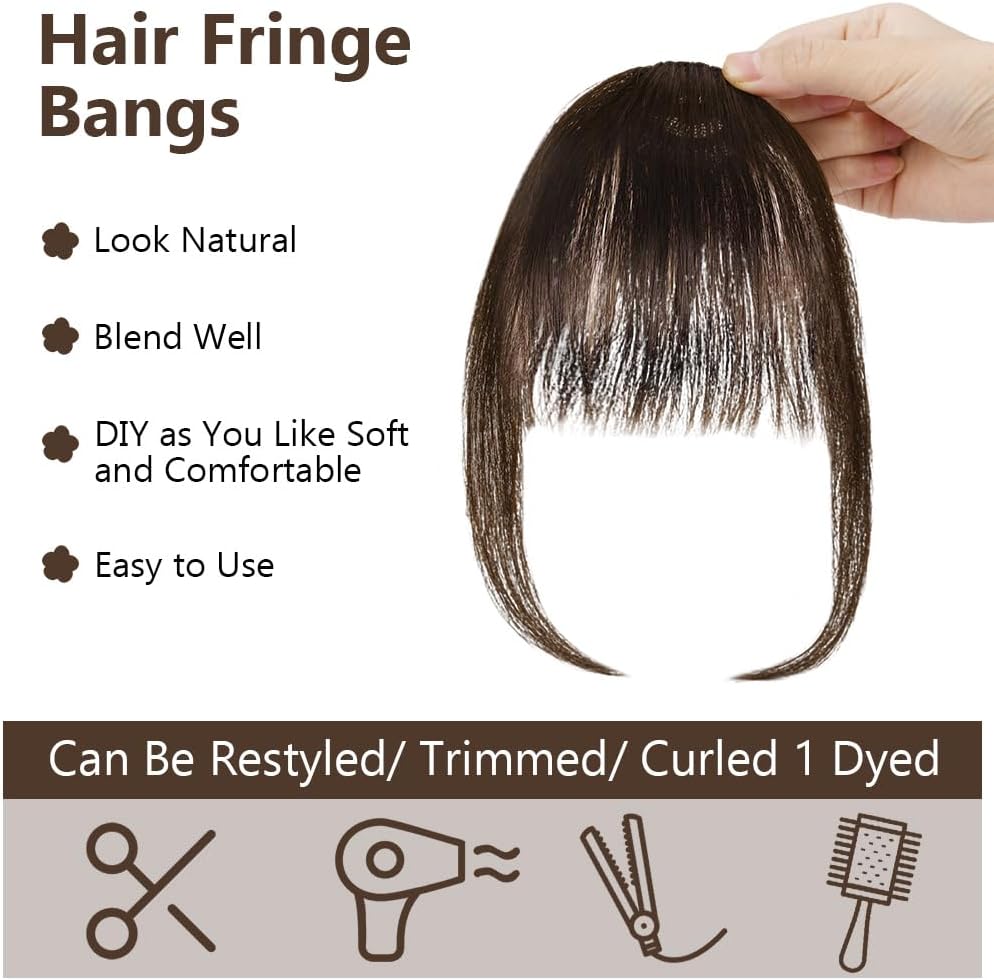 Postiche frange à clip synthétique, marron foncé, temples naturels