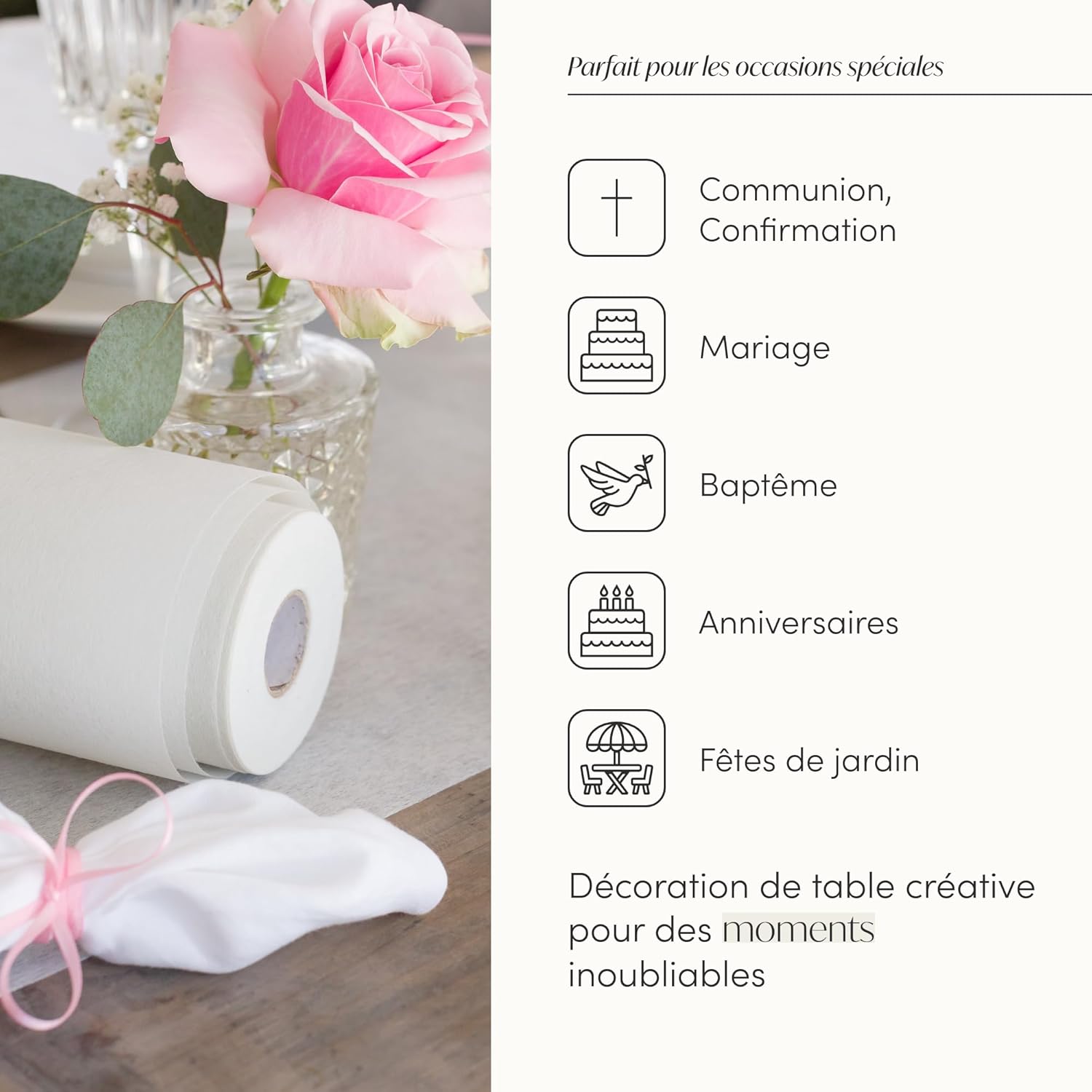 100%Mosel - chemin de table décoratif - 30x2500cm - tissu non tissé élégant, crème