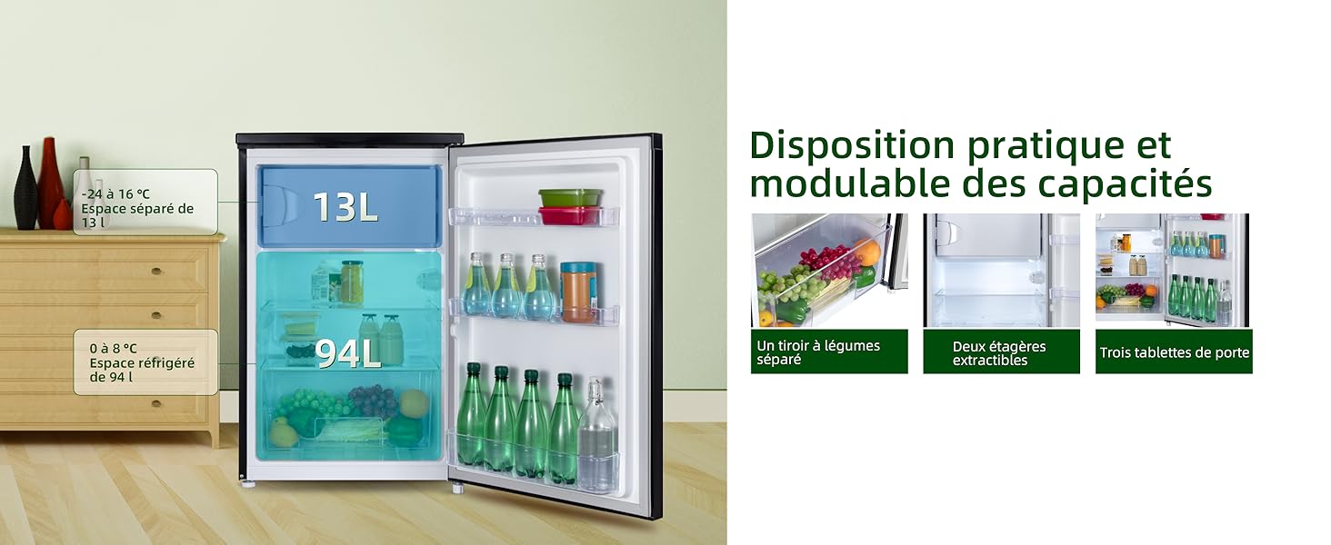 présentant des capacités de rangement ajustables. Le texte français décrit un arrangement de capacité pratique et modulaire. Compartiments visibles pour divers articles.