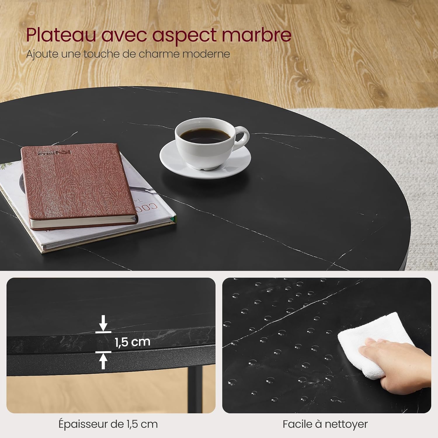 VASAGLE - table basse marbre, verre trempé, montage facile, LCT071B58