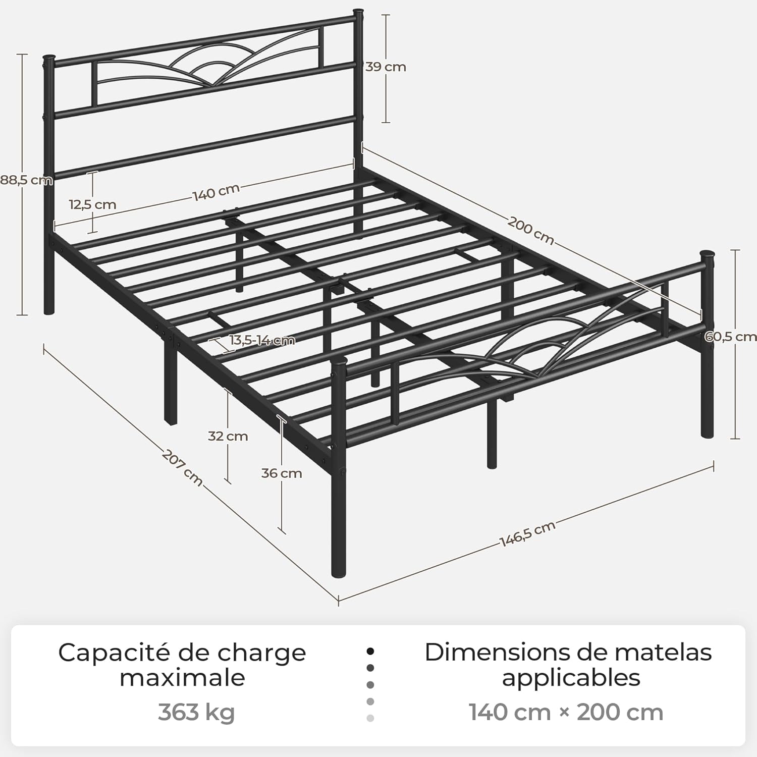 Yaheetech - Lit métal simple - 140x200cm - montage facile, gain de place