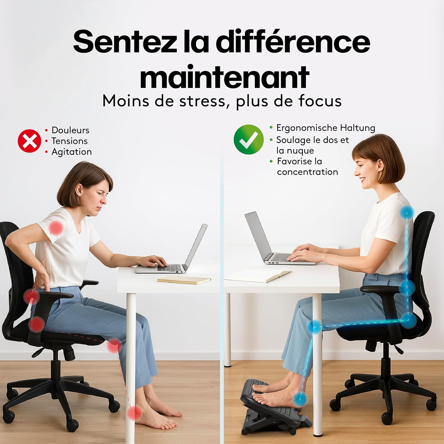 ACROPAQ - repose-pieds ergonomique, 3 hauteurs réglables, antidérapant, inclinaison -30/+30°, gris