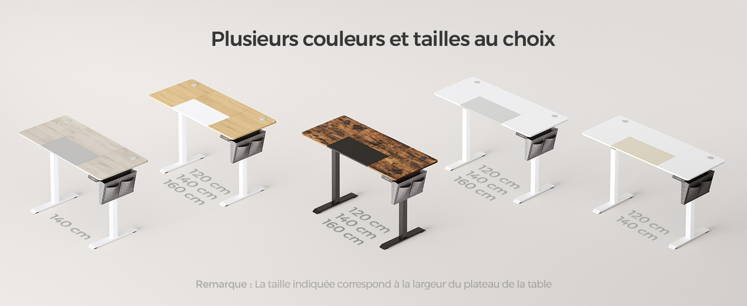 Bureaux debout réglables de différentes couleurs et tailles. Cadres blancs avec différentes finitions de table, y compris des options en bois clair, en bois foncé et en blanc