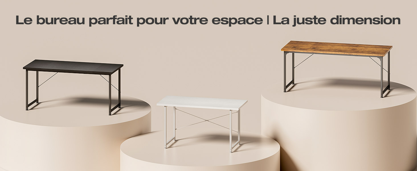 Le texte se lit comme suit : « Le bureau parfait pour votre espace | La juste dimension ». Plusieurs vues d'un bureau minimaliste avec plateau en bois et structure en métal noir.