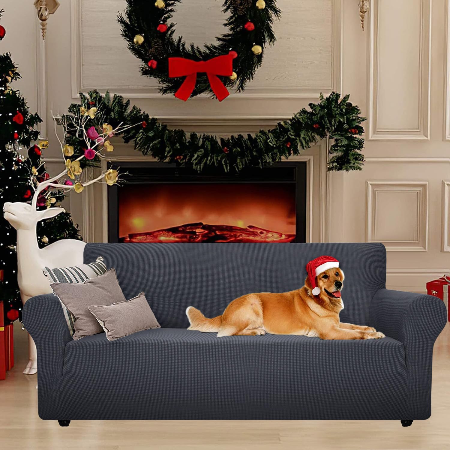 Housse canapé 3 places extensible, gris foncé, lavable, antidérapante