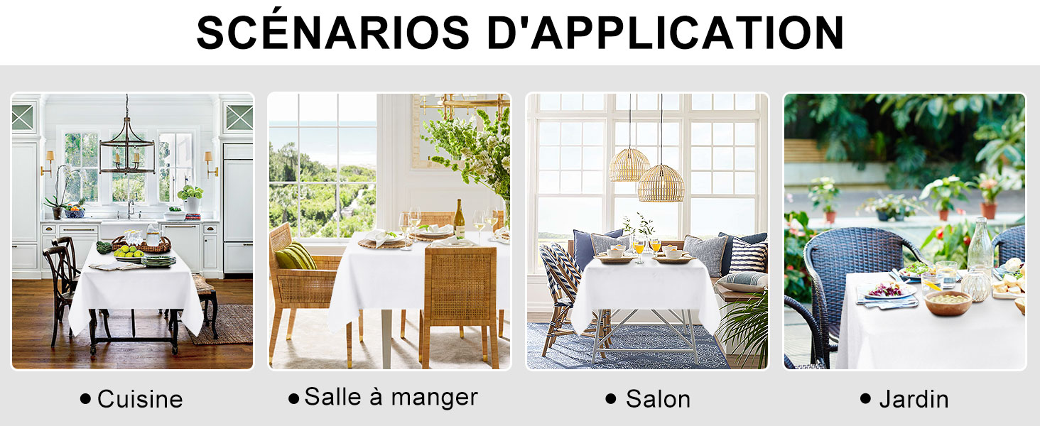 Quatre images de design d'intérieur présentant les applications de produits dans la cuisine, la salle à manger, le salon et le jardin.