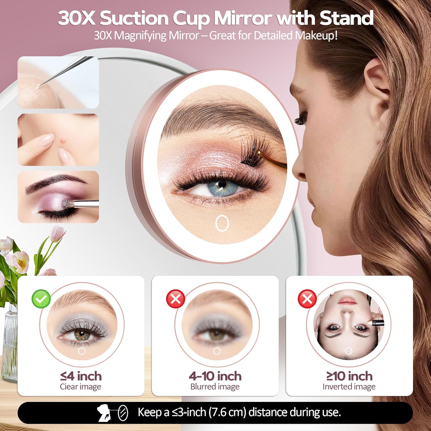 Miroir grossissant - 30x, éclairage LED, ventouse, or rose, maquillage précision