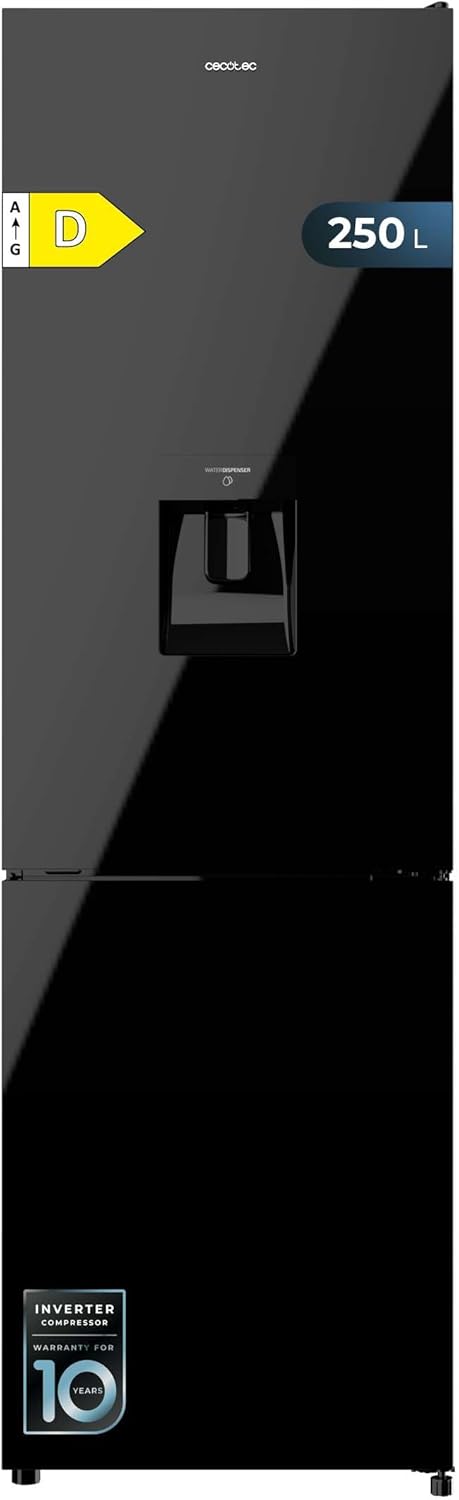 Cecotec - Bolero CoolMarket Combi 250 - 250L, No Frost, distributeur eau, porte réversible, LED, classe D, WD Black Glas