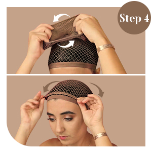 Image pédagogique à deux panneaux montrant des mains ajustant un filet à cheveux ou une casquette en maille foncée sur la tête d'une personne, intitulée «