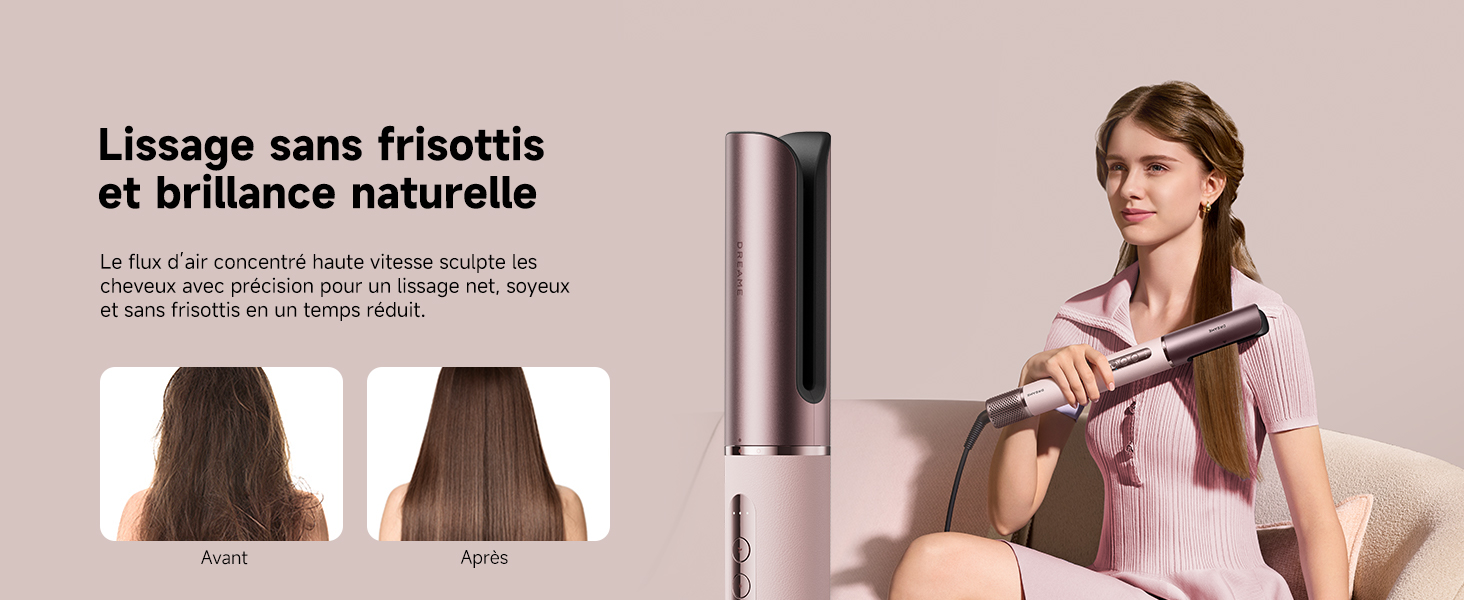 Le texte se lit comme suit : « Lissage sans frisottis et brillance naturelle ». Publicité présentant une comparaison avant/après les cheveux et une démonstration d'outils de coiffage. Le produit semble être un appareil de coiffure.