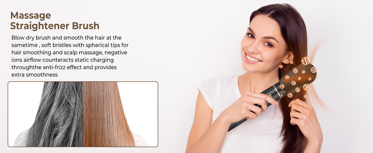 avec perles métalliques pour cheveux. Femme démontrant son utilisation sur les cheveux longs. L'encart montre l'effet du pinceau sur les mèches de cheveux raides par rapport aux mèches bouclées