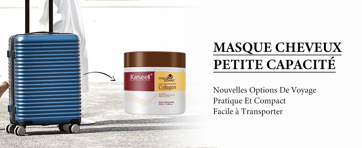 dans un petit contenant de voyage à côté d'une valise à roulettes bleue. Produit étiqueté comme compact et facile à transporter pour les voyages.