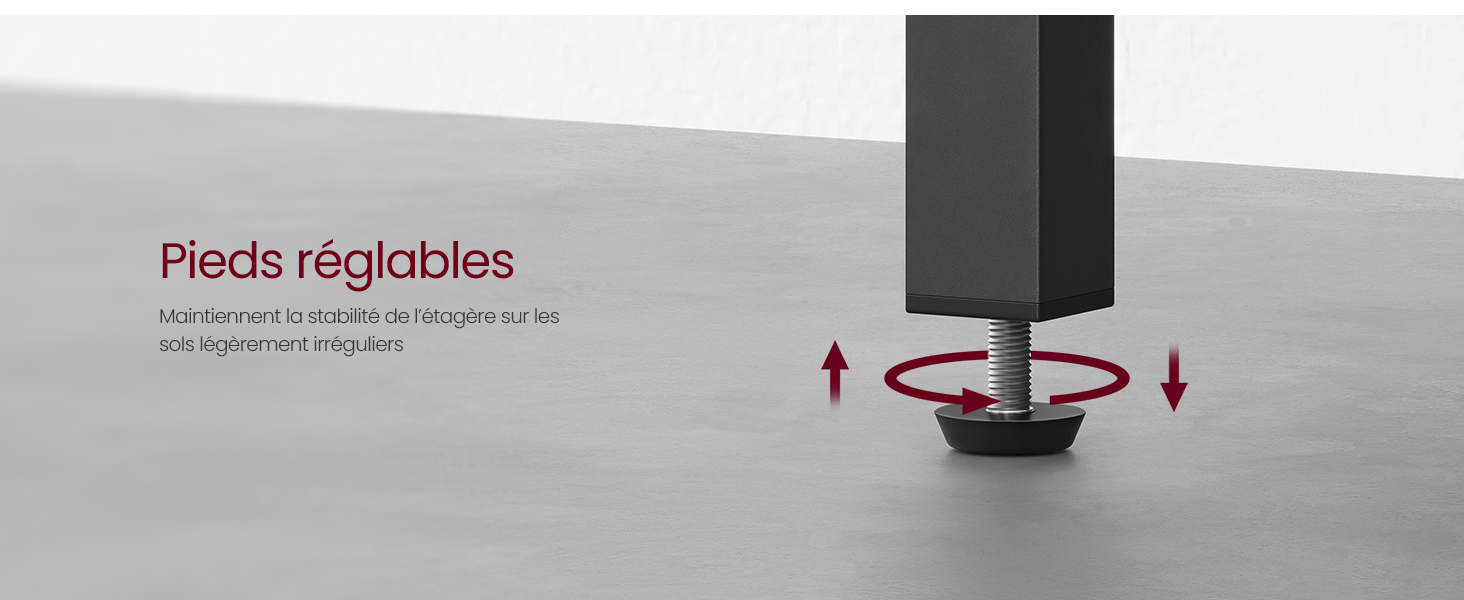 Mécanisme de pieds réglables pour meubles ou appareils électroménagers. Base cylindrique noire avec flèche rouge rotative indiquant la capacité de réglage de la hauteur.