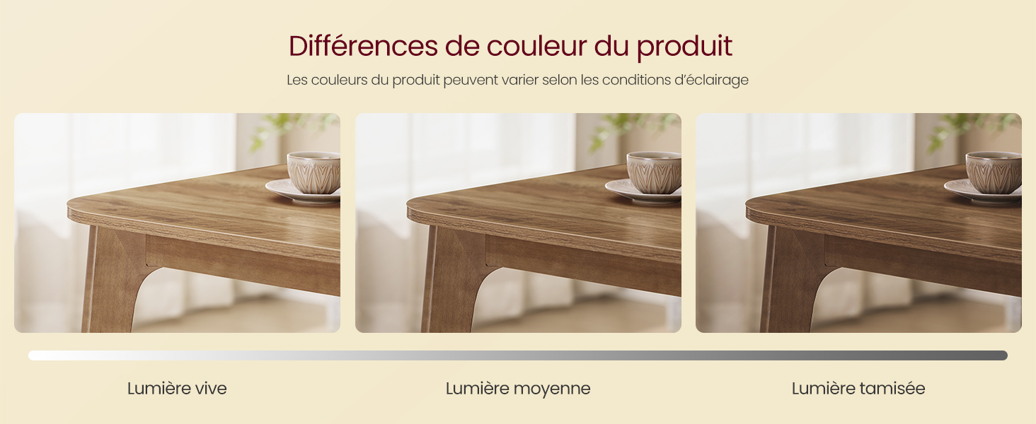 Le texte indique « Différences de couleur du produit ». Série de photos de produits montrant la quincaillerie de montage dans différentes teintes et finitions de bois.