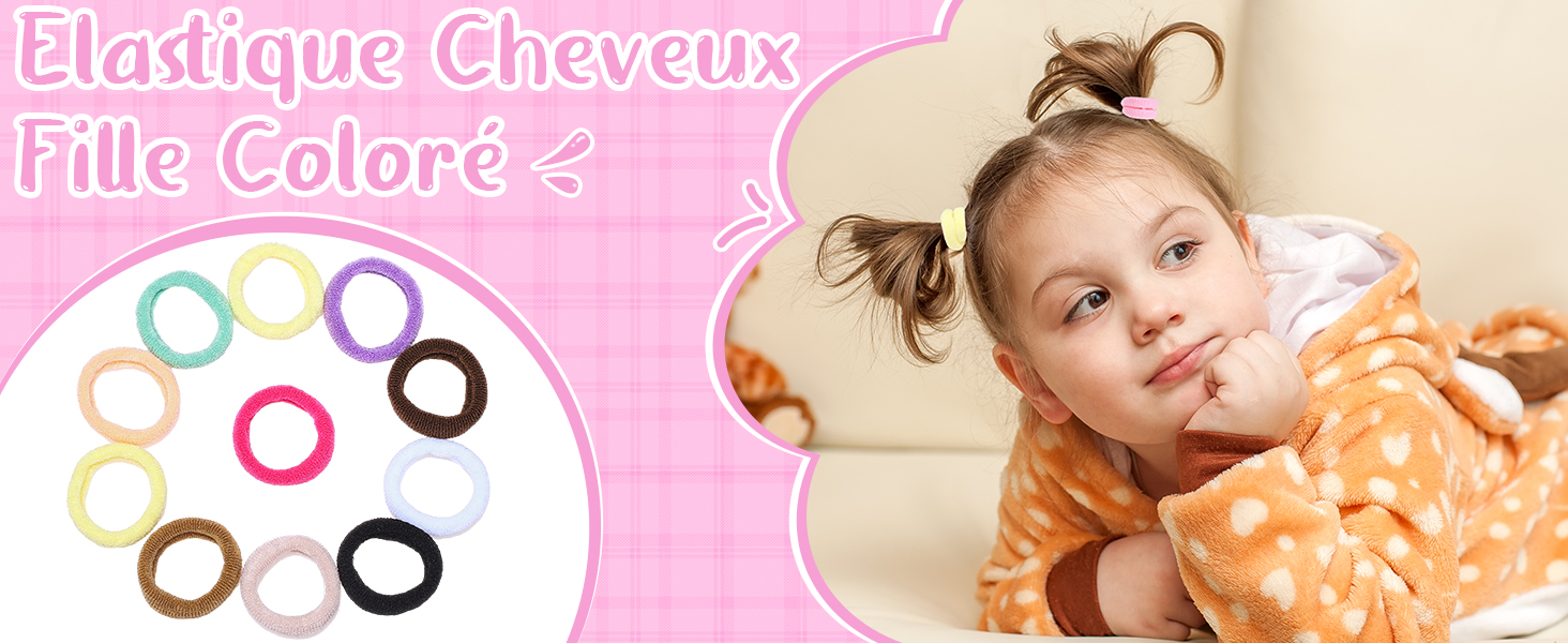 Élastiques à cheveux colorés présentés en ordre circulaire. Texte « Elastique Cheveux Fille Coloré » visible. L'image montre une jeune personne aux cheveux attachés.