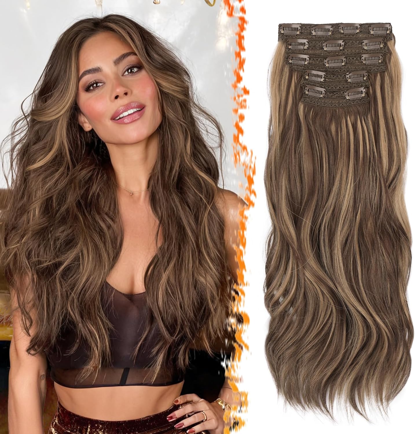 BARSDAR - Extension à clips longues, 50cm, ondulées, brun blond miel, 5PCS