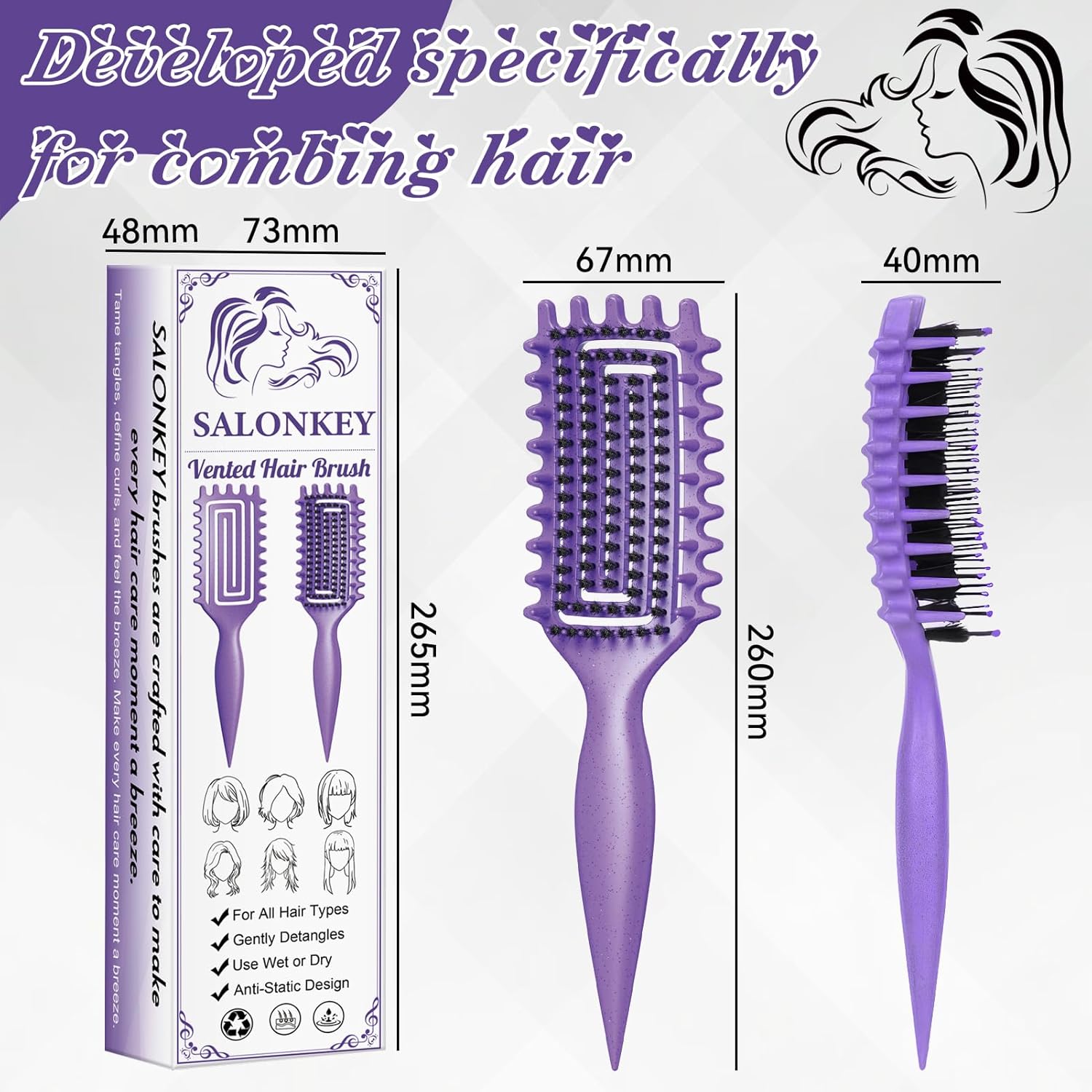 Brosse à boucler - poignée ergonomique, antistatique, violette, démêlage doux