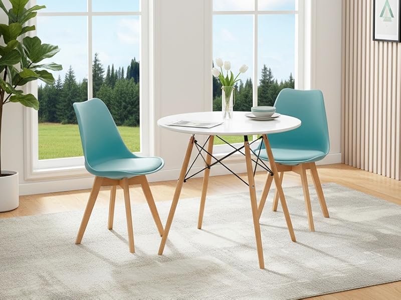 Salle à manger moderne avec table ronde blanche, deux chaises turquoises avec pieds en bois, de grandes fenêtres, des panneaux muraux en bois et des plantes décoratives.