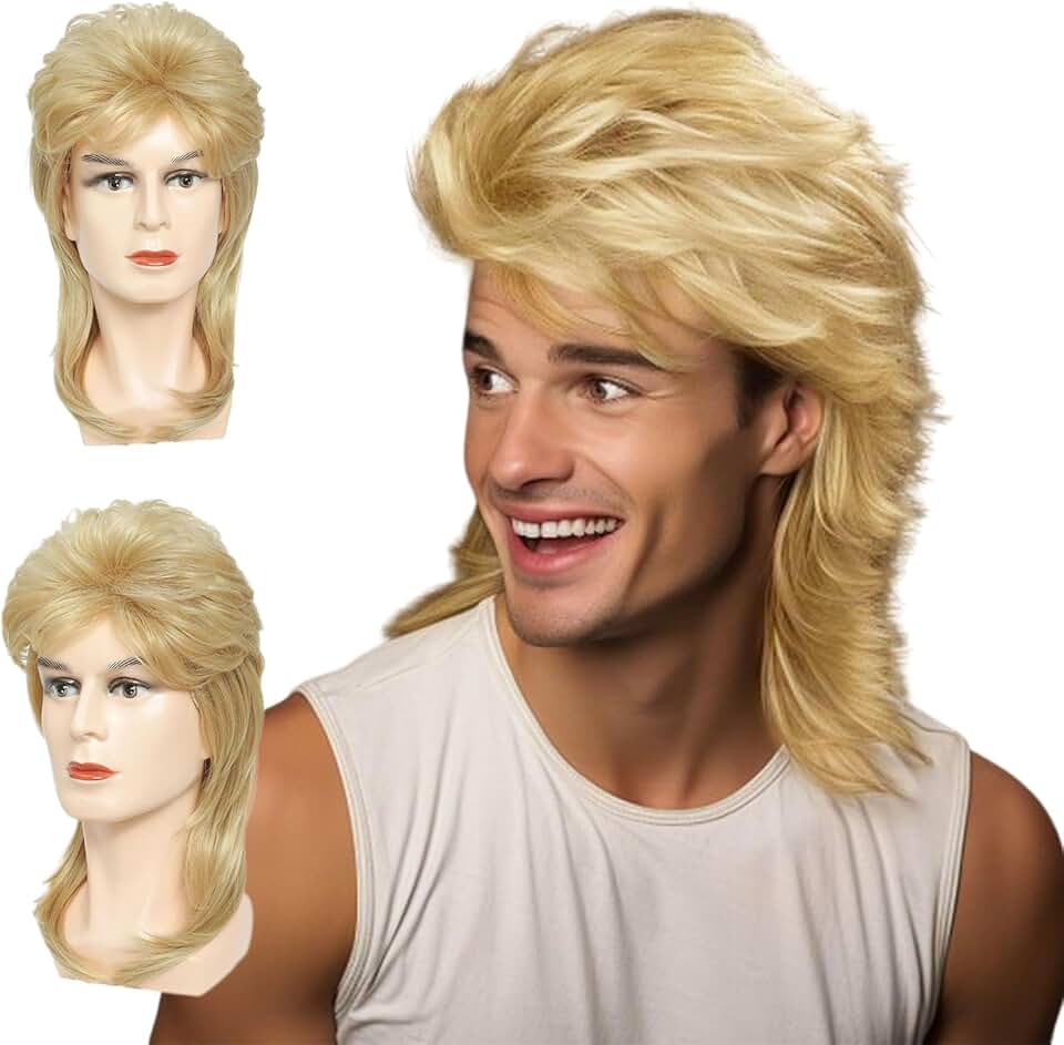 Perruque mulet homme - blond longue bouclée - années 80/90 - idéale cosplay carnaval halloween