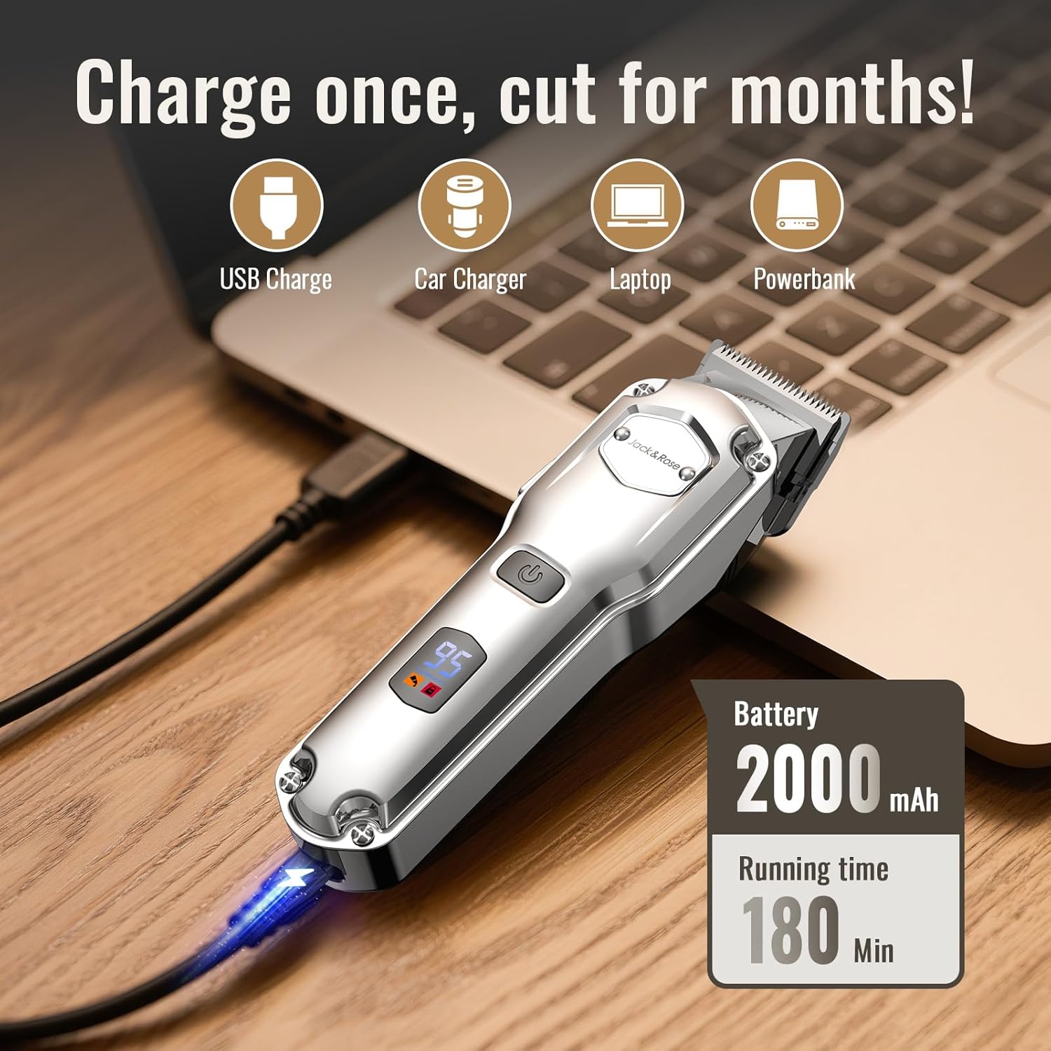 Jack & Rose - tondeuse pro sans fil, étanche IPX7, LED, USB, coupe barbe et cheveux