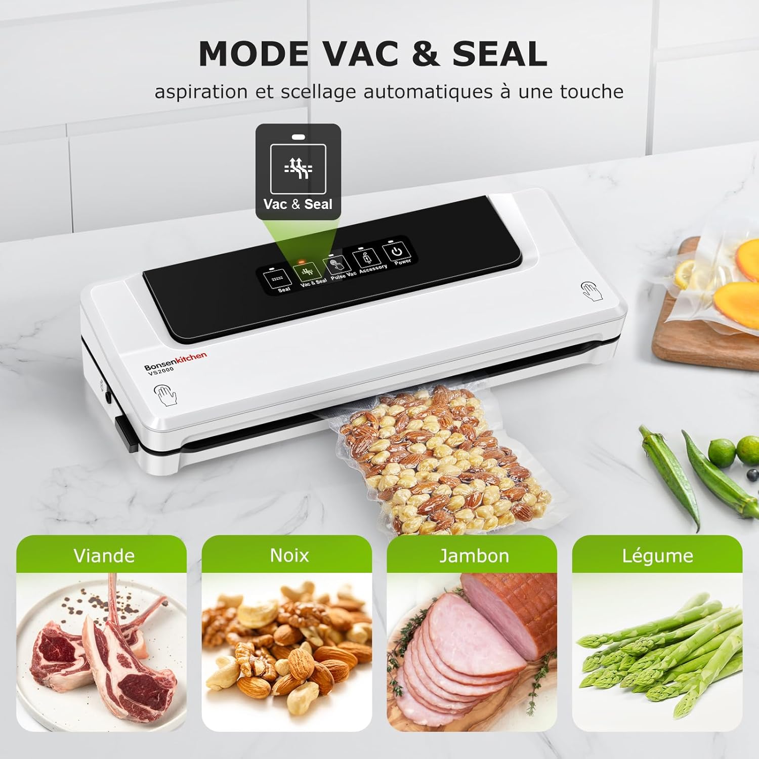 Bonsenkitchen - machine sous vide alimentaire - compacte - cuisson et conservation, 5 sacs inclus