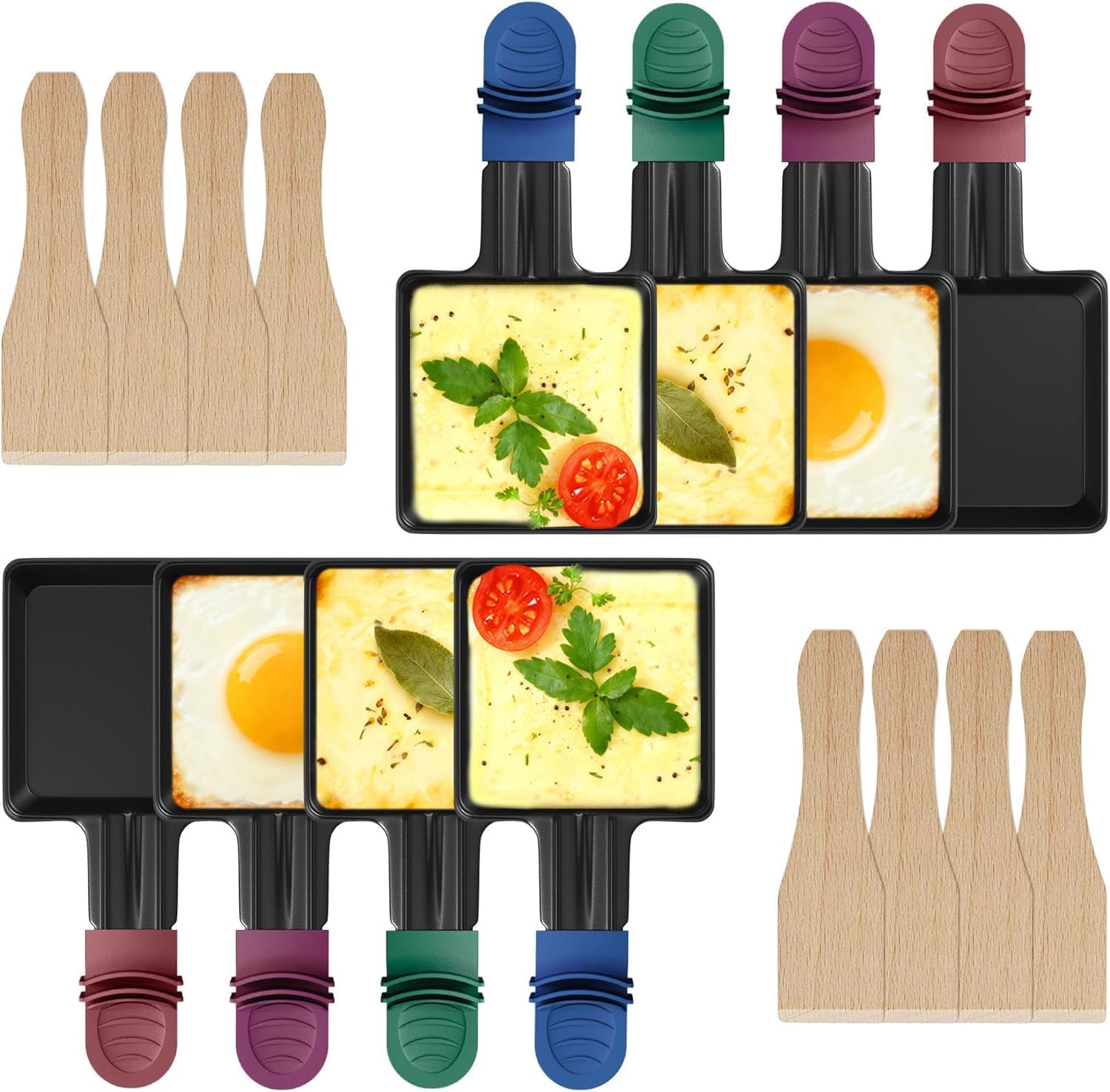 ipow - Lot de 8 poêlons carrés 12x8cm, revêtement antiadhésif, poignées colorées, avec 8 grattoirs bois