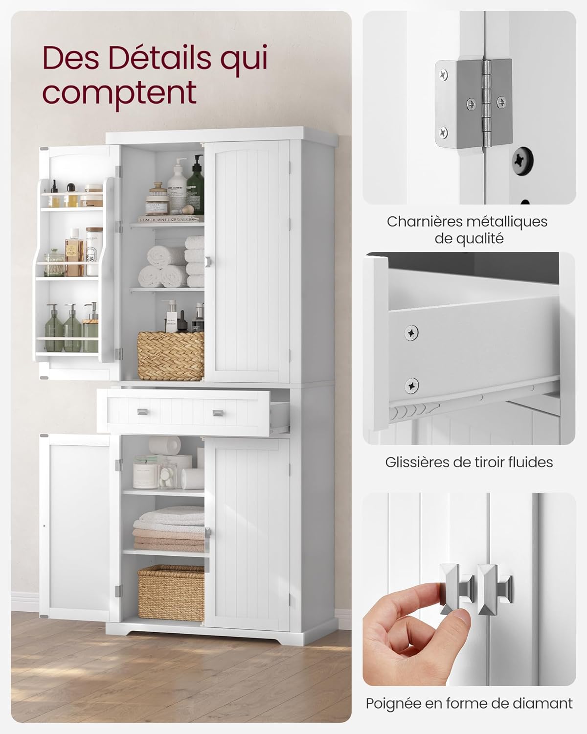 VASAGLE - Buffet haut série BBC561W21 - 182 cm - armoire à tiroirs, étagères réglables, blanc - BBC561W21