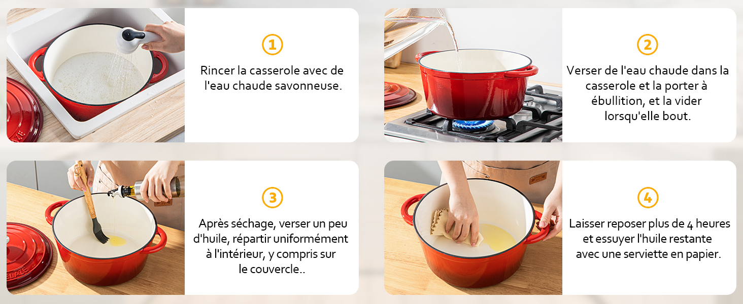 Images d'instructions de cuisson étape par étape montrant des ustensiles de cuisine en émail rouge utilisés sur la cuisinière et les étapes de préparation