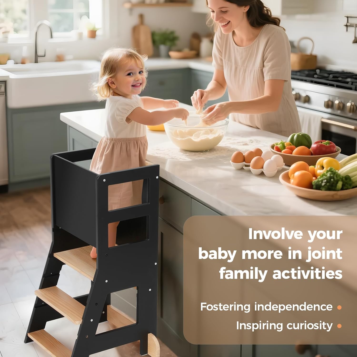 KIDINIX - Tour d'apprentissage Montessori - hauteur réglable, anti-basculement, bois/noir