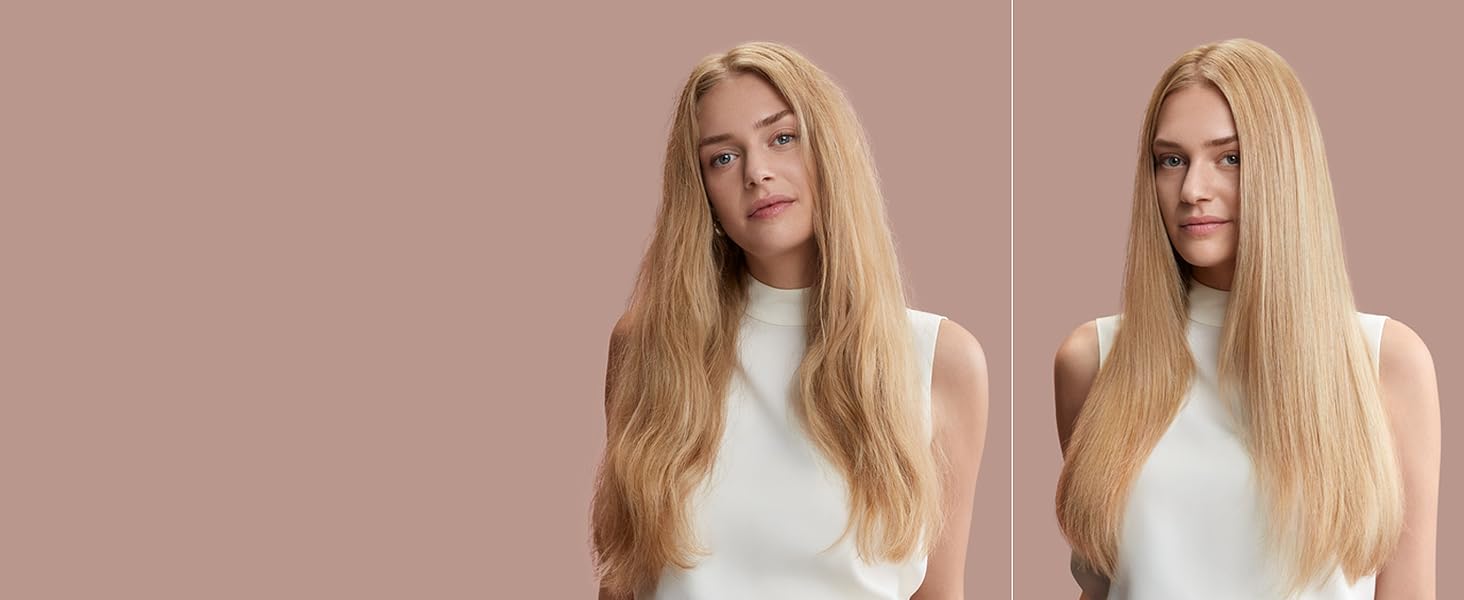 Avant et après : un mannequin aux cheveux blonds ondulés avec un brushing effet brillant miroir.
