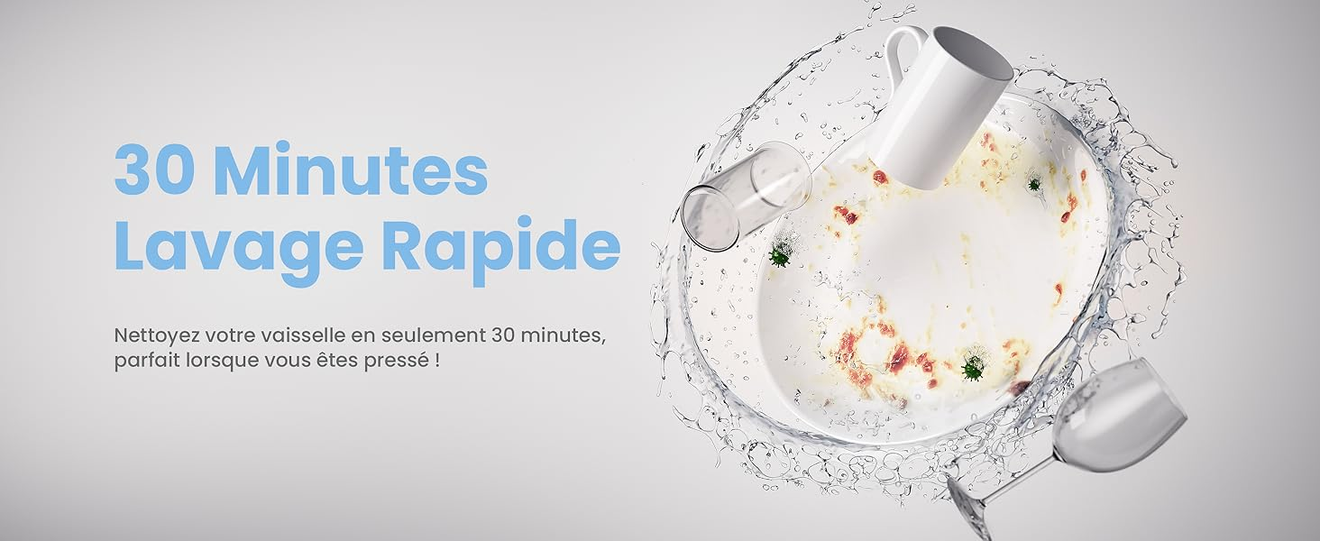 Le texte indique « 30 minutes » et « Lavage rapide ». Démonstration du produit montrant un processus de lavage ou de nettoyage rapide avec indicateur de minuterie et graphiques de gouttelettes d'eau.