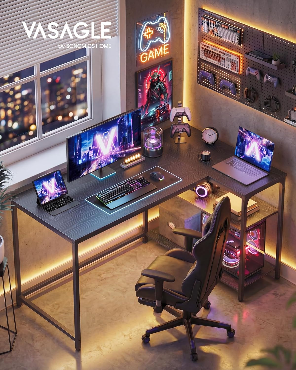 VASAGLE - bureau gaming en L - 120x80 cm - étagères réglables LWD136BE01