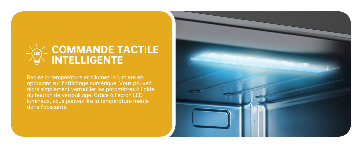 Panneau divisé montrant une boîte d'information jaune avec du texte en français et une armoire intérieure ou un espace de rangement éclairé en bleu