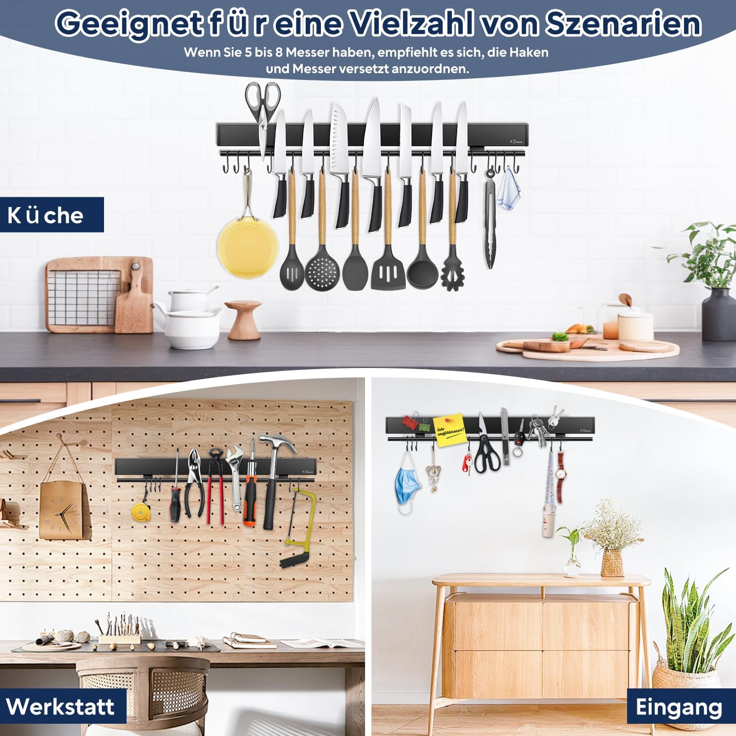 Dmore - barre magnétique 59 cm, 15 crochets, forte fixation, noir