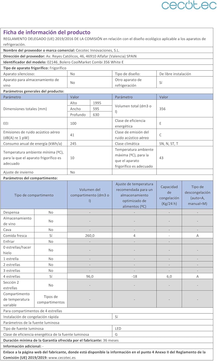 Cecotec - Bolero CoolMarket Combi - 356L - No-Frost, Multi Airflow, classe E